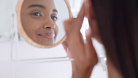 mirror, skincare and young woman in her bathroom