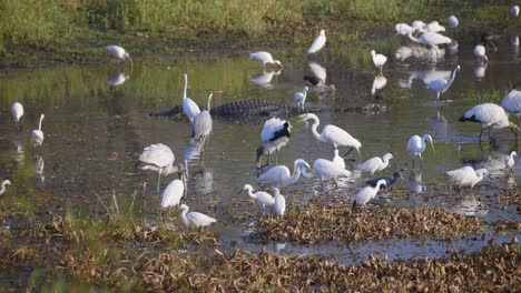 egrets and wood storksforaging in shallow wetland with alligator laying in distance