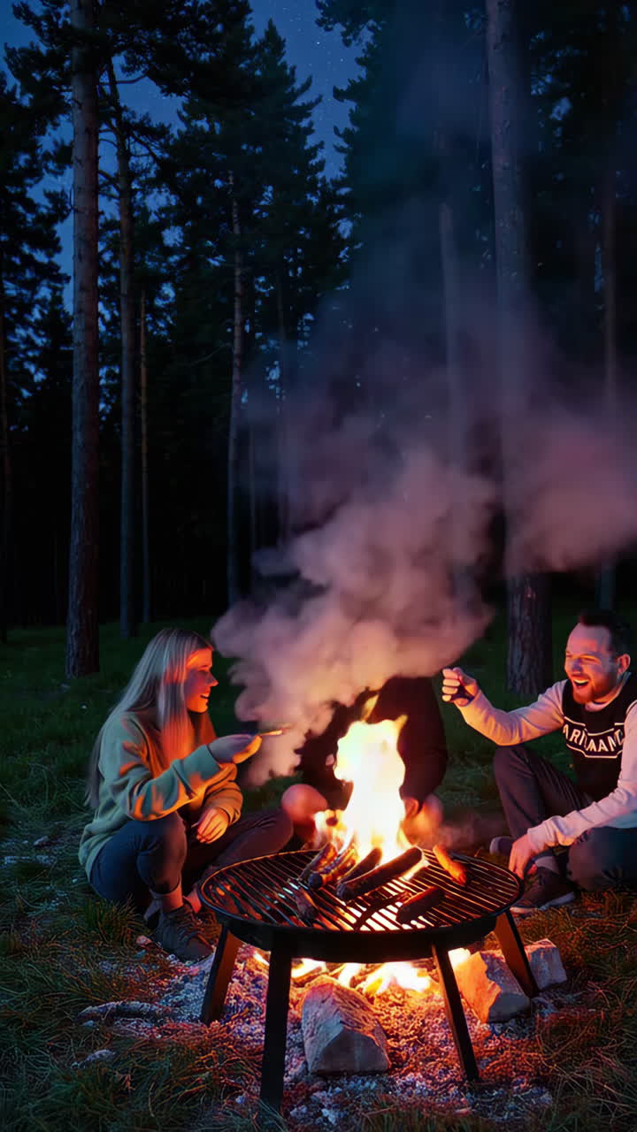 Friends enjoying a campfire and sausages in the forest at night