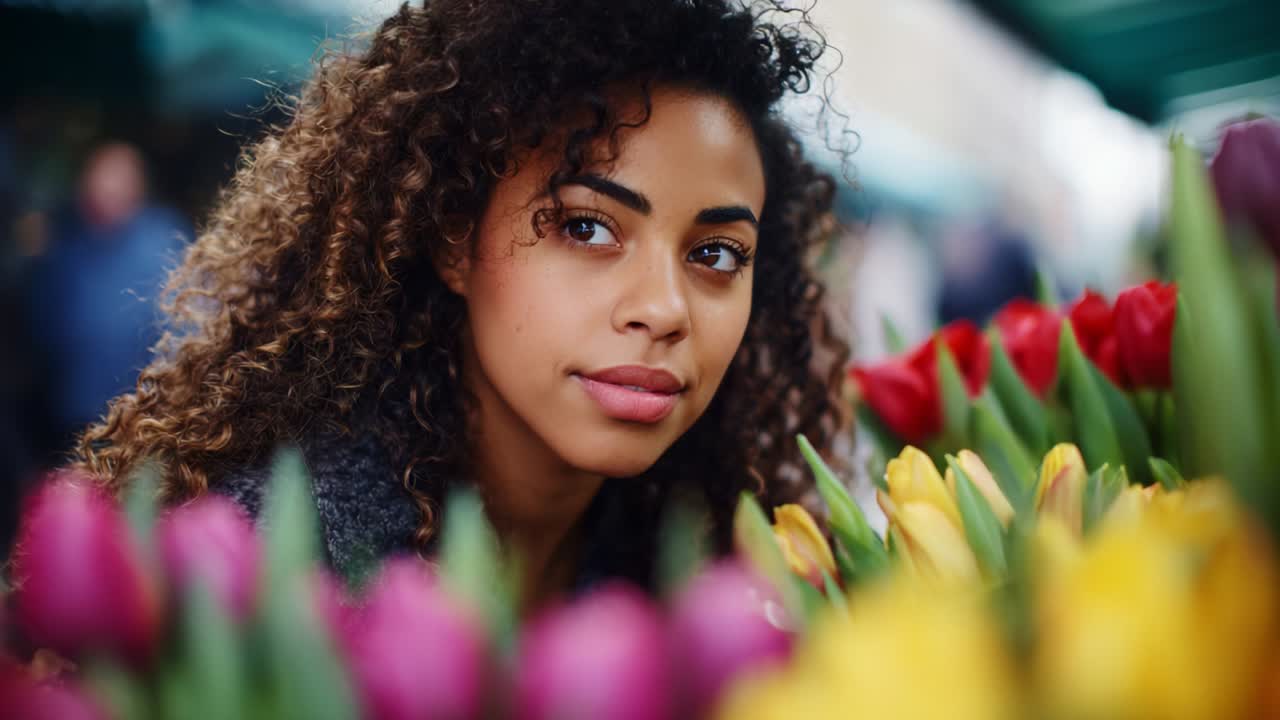 Captivating Moment of a Young Woman Surrounded by a Colorful Array of Fresh Flowers, Emphasizing Nature's Beauty and the Joy of Spring at a Vibrant Market