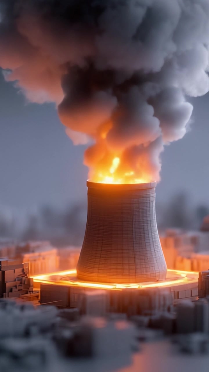 Un'intensa visualizzazione di un reattore nucleare in crisi: la struttura erutta con lava infuocata e fumo denso in un paesaggio oscurato