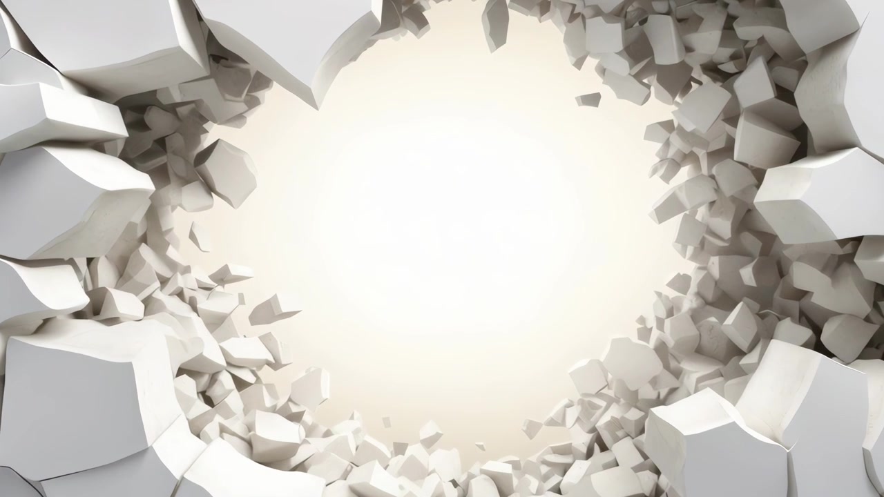 White Wall Crumbles and Shatters to Reveal Bright Light