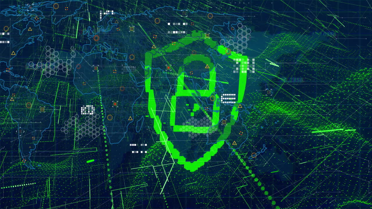 Animation of digital lock and shield icon over global network data visualization