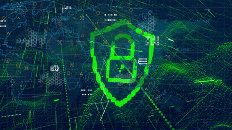 animation of digital lock and shield icon over global network data visualization