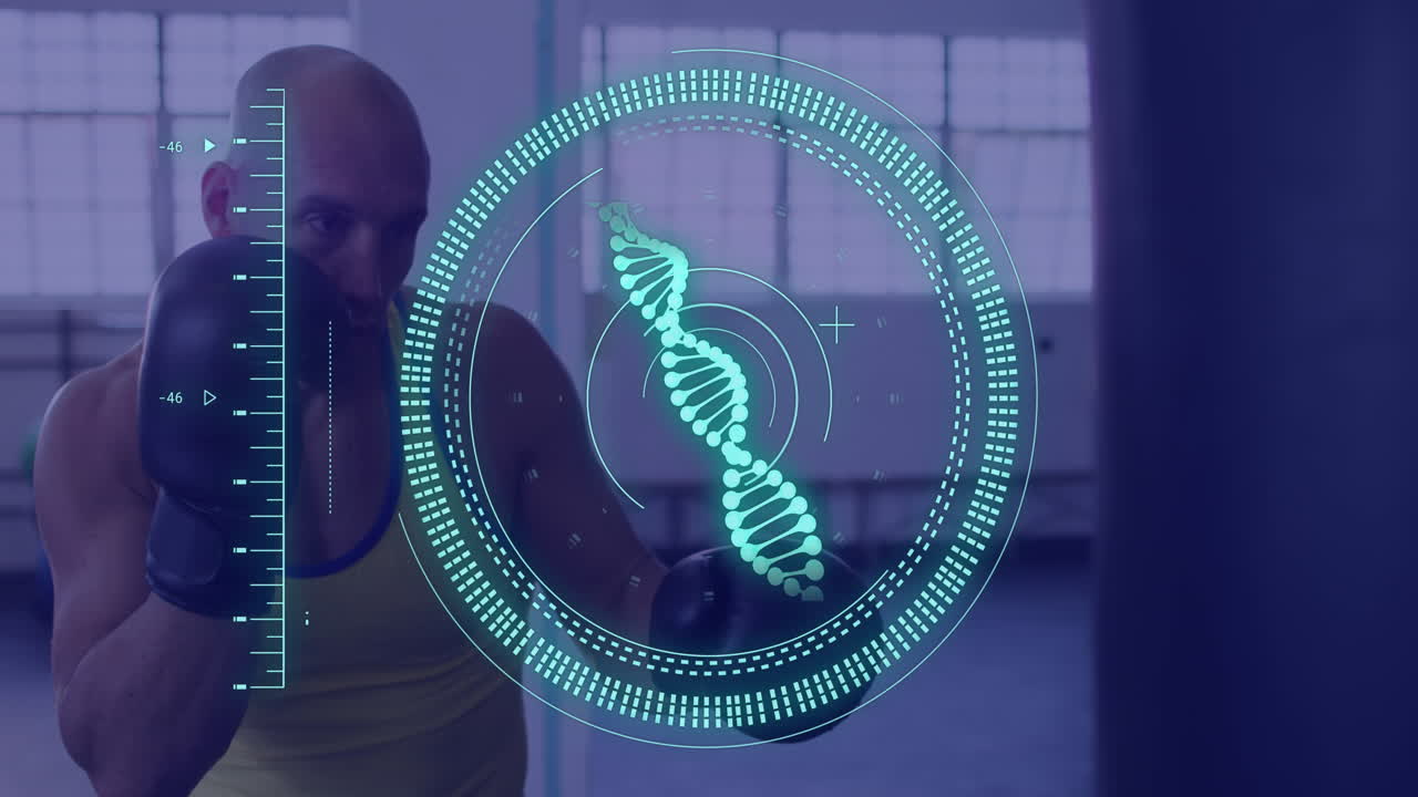 animación de procesamiento de datos y escaneo de alcance con cadena de adn sobre boxeador caucásico masculino.
