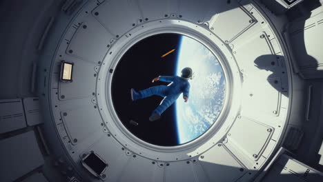 astronaut floating in space through a spaceship porthole