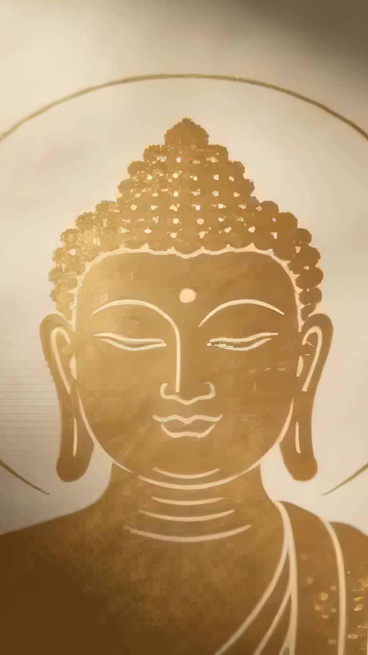 Video verticale: Luce solare mutevole che sposta un'ombra sulla veste della testa di Buddha dorata in una stanza, rivelando un'aureola