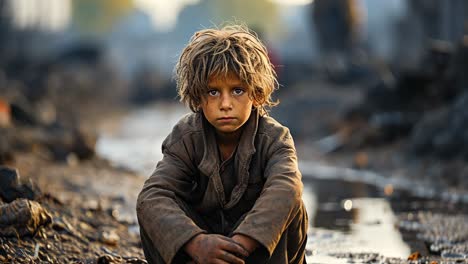 child sitting in a muddy street with a somber expression at sunset