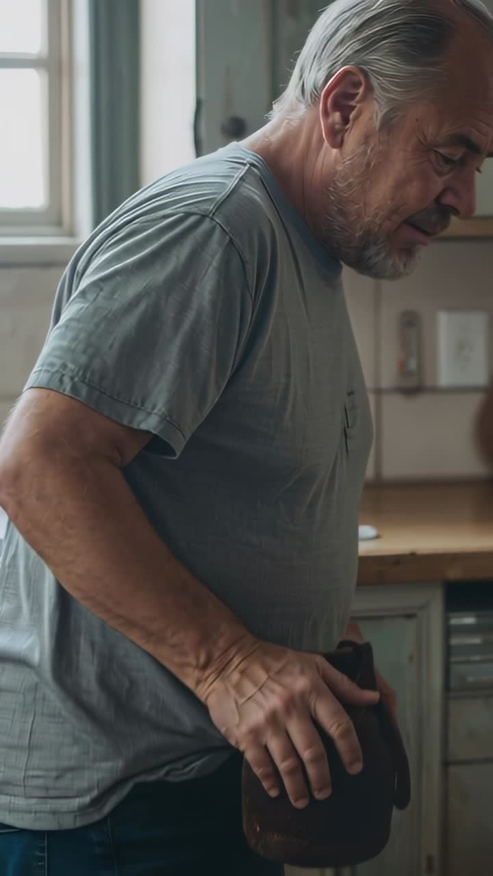 Vertical video: Reaching older man in gray tee lifting dark kettle to wood counter near knives
