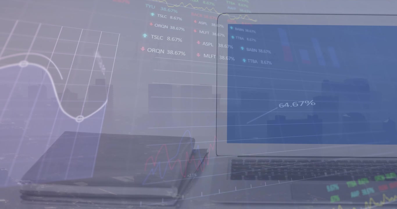 Animation of stock market data processing over laptop and diary against cityscape