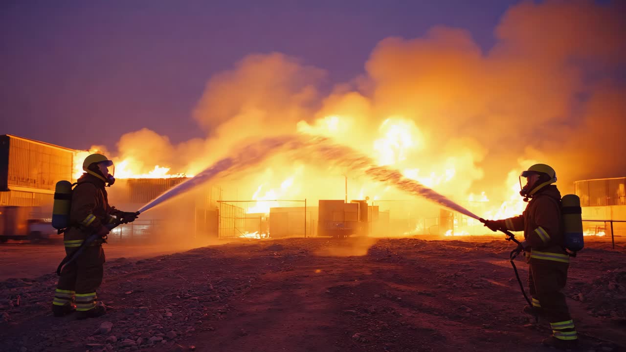 Firefighters battling a large building fire at night