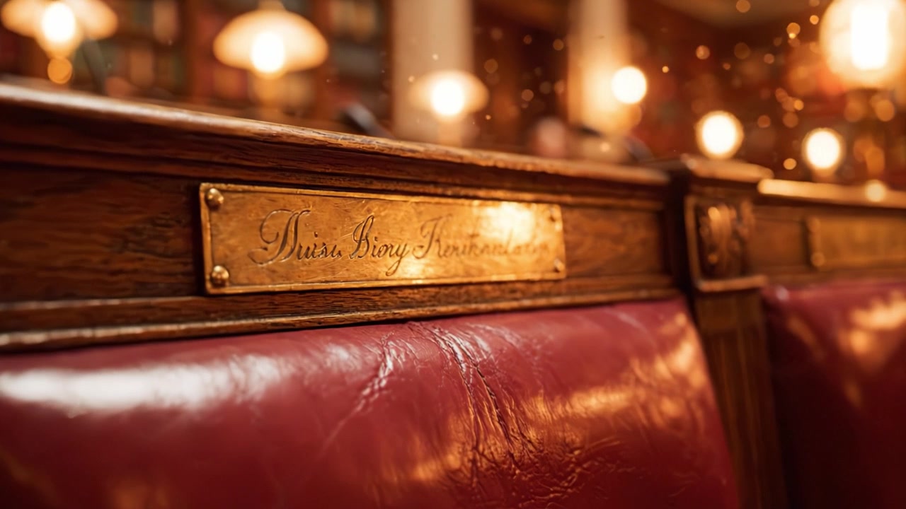 Dettaglio di una sedia in legno elegante e predominante in un ambiente storico e intellettuale con illuminazione soffusa, che emana un'aura di erudizione e riflessione in una biblioteca.