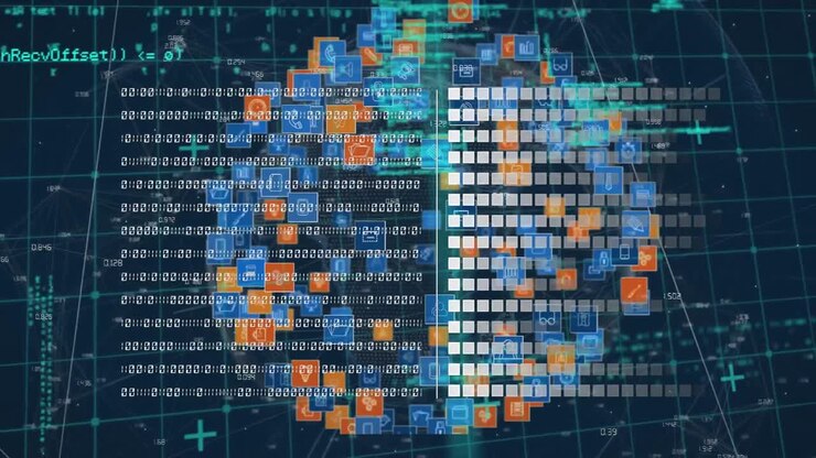 Data processing over grid network against globe of digital icons on blue background