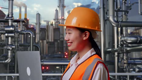 close up side view of asian female engineer with safety helmet working on a laptop and looking around while standing in a refinery, oil processing equipment and machinery