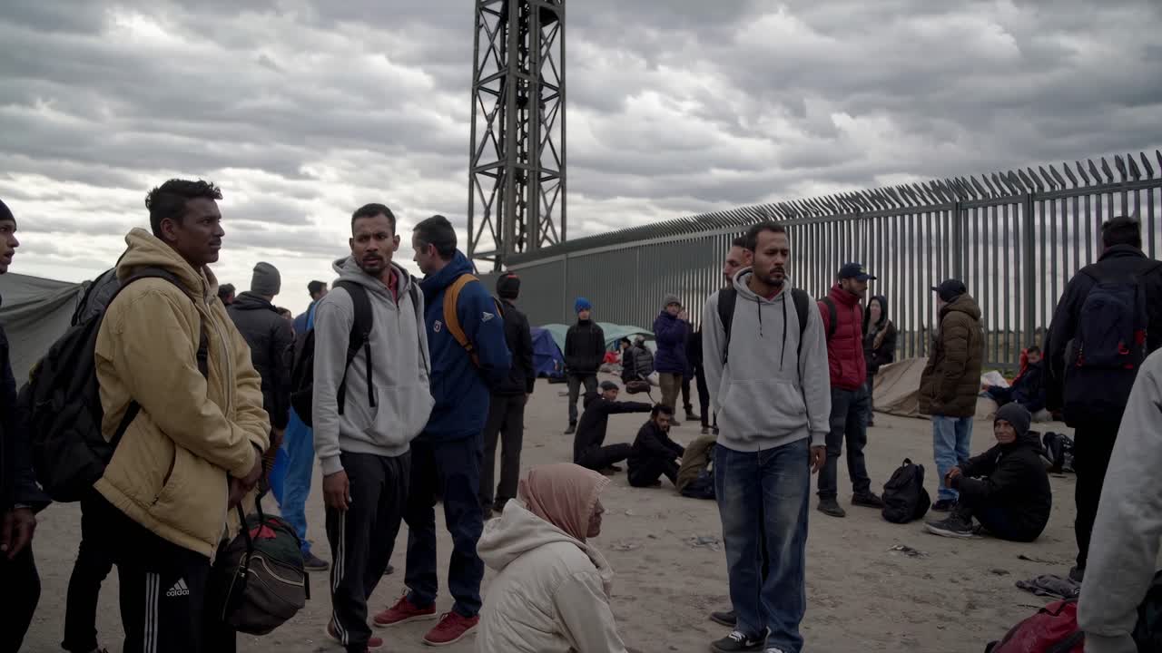 Group of refugees with backpacks and bags waiting at the border crossing, standing and sitting on the ground near a metal fence under a cloudy sky
