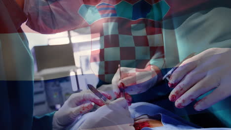 animation of flag of croatia waving over surgeons in operating theatre