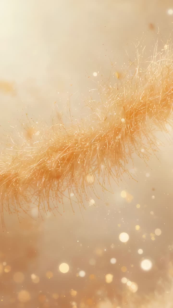 Video verticale: filamento dorato fluttuante che cattura la luce in macro da studio con panoramica della telecamera ed effetto bokeh