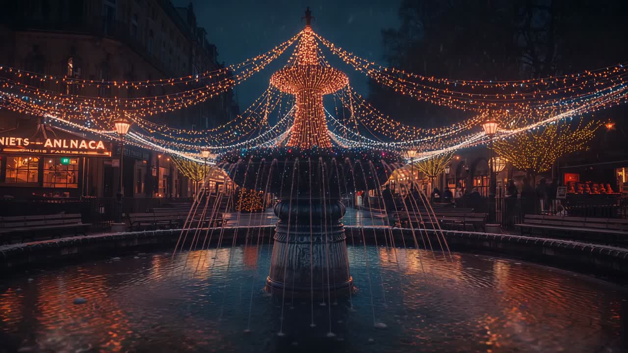 Radiating white blue string lights over tiered fountain in city plaza, forming gentle water ripples