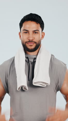 fitness, face and happy man with towel in studio