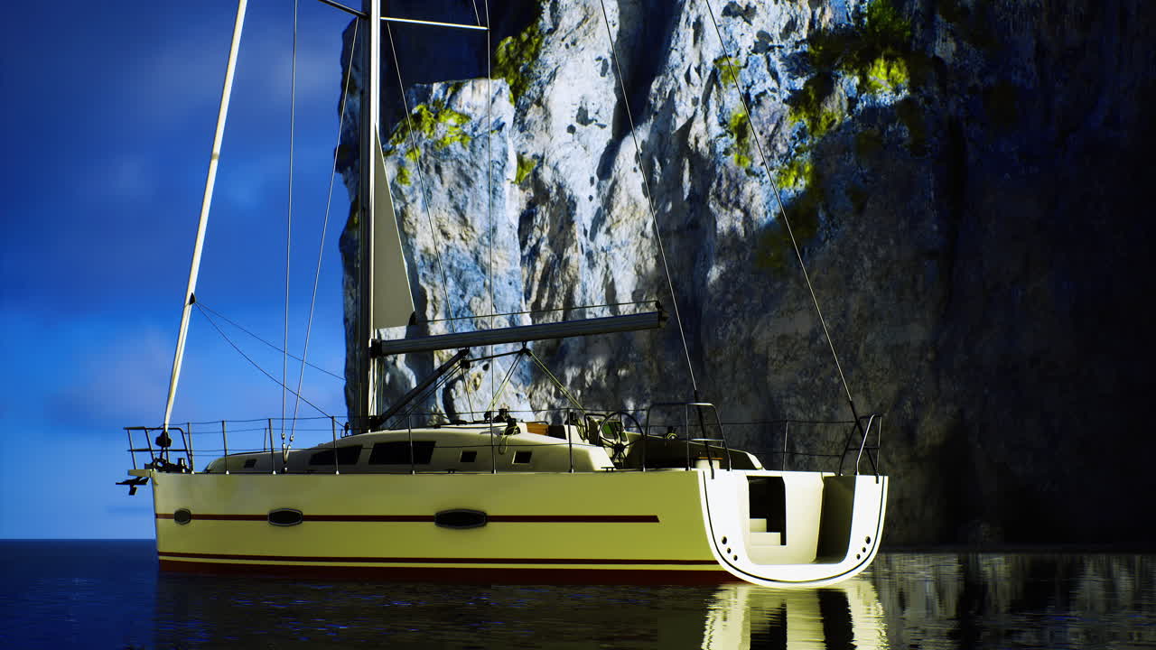 Brightly lit sailboat anchored near dramatic cliffs during twilight