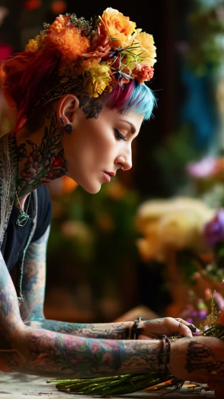 Um processo criativo de arranjos florais por um artista tatuado usando uma coroa de flores em um espaço vibrante e artístico, cheio de cores e belos elementos naturais