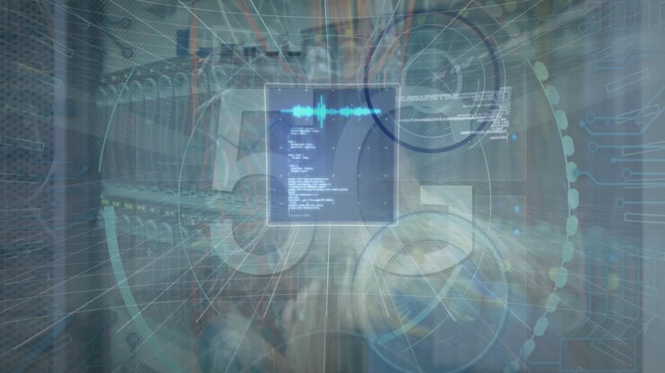 Animation of scope scanning with 5g text and data processing over caucasian woman in server room