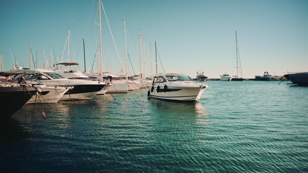 Un motoscafo che si avvicina a un porto costeggiato da barche a vela e yacht in una giornata limpida e serena