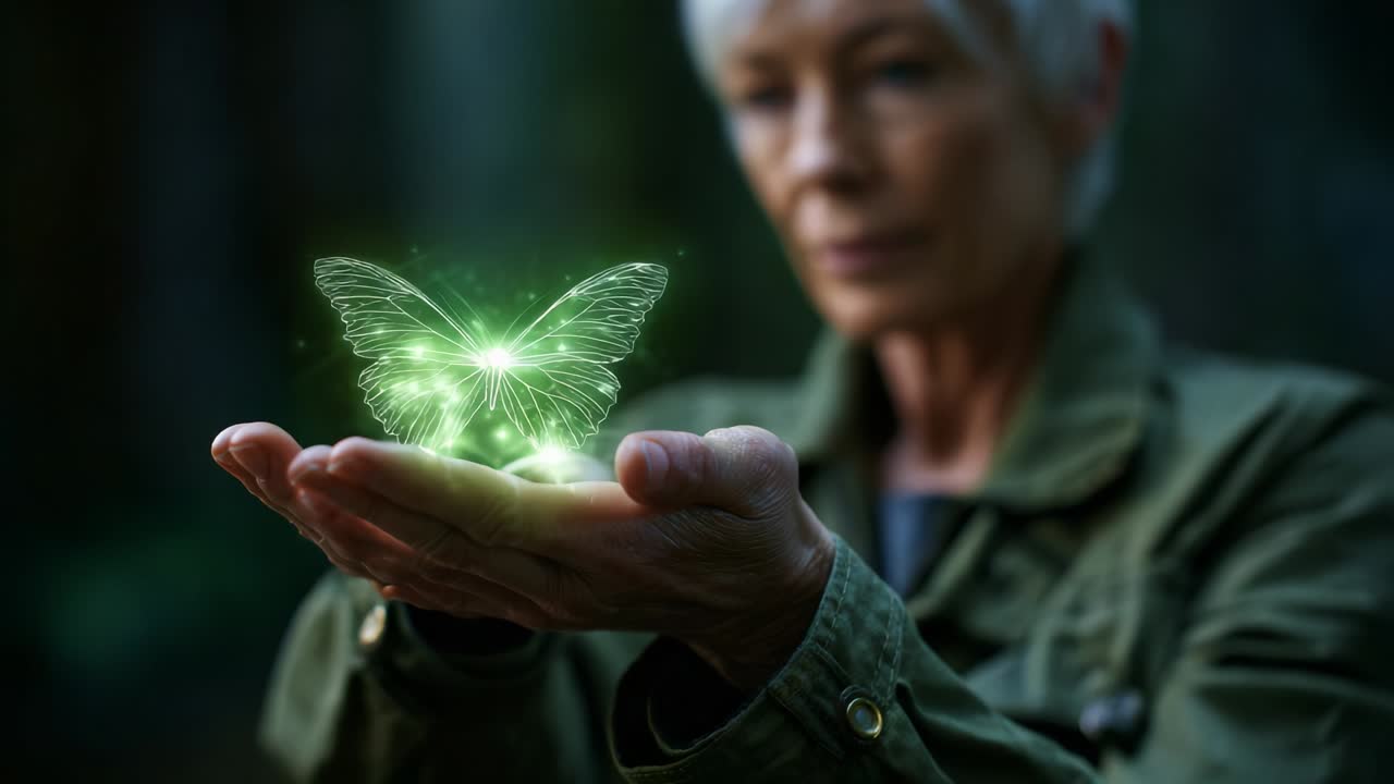 A Serene Moment of Wonder: An Elderly Woman Gazing at a Glowing Butterfly in Her Hands, Emphasizing Connection with Nature and the Beauty of Transformation in a Mystical Forest Setting