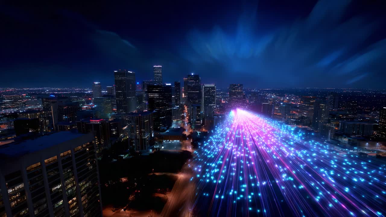 A Vibrant Night Cityscape Illuminated by Dynamic Light Trails, Showcasing a Stunning Urban Landscape with Colorful Luminescence and Breathtaking Skyscrapers Against the Dark Sky