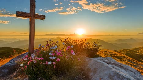 a serene landscape video captures a wooden cross and wildflowers at sunrise from a low angle