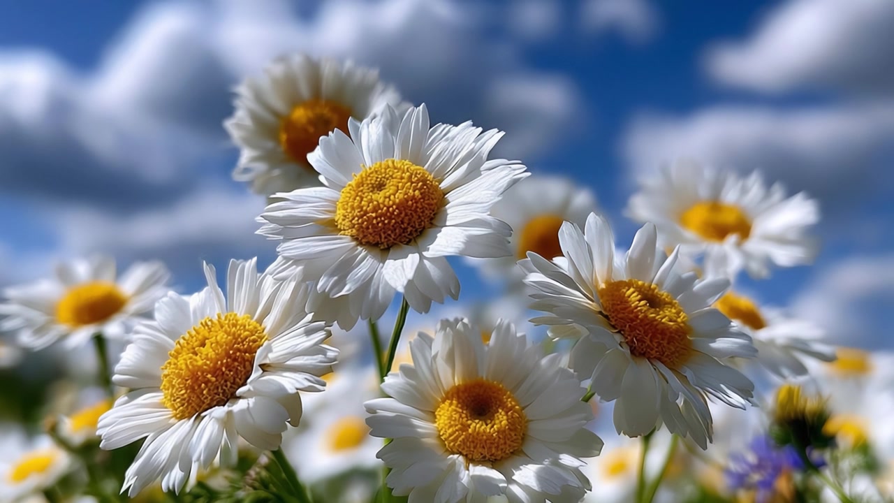 Una splendida esposizione di margherite bianche sotto un cielo azzurro con nuvole soffici: la serenità della natura catturata in una magnifica scena floreale.