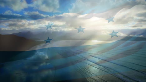 animation of honduran flag waving over sunny seaside