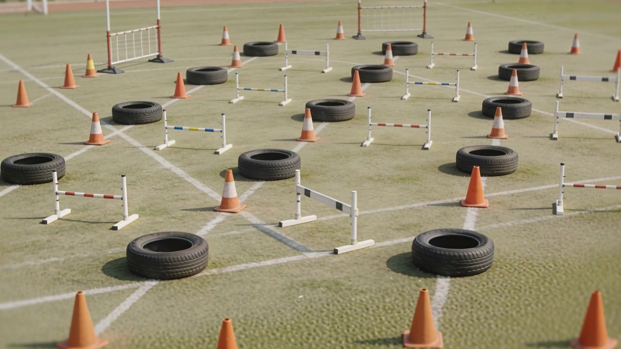 Pulling drone showing obstacle course on turf field to show wider layout, cones, tires toward track