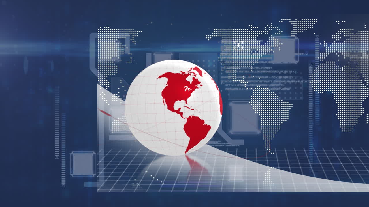 통합 회로와 세계 지도와 함께 파란색 배경 위에 회전하는 지구의 애니메이션