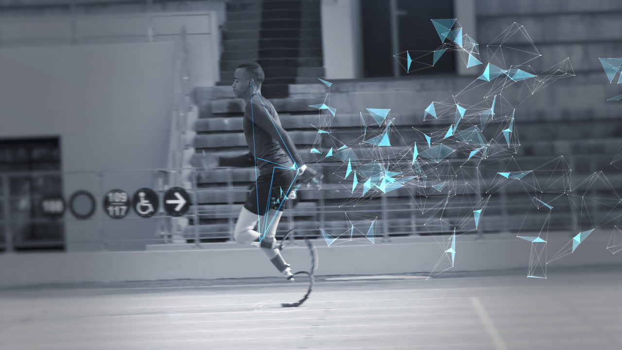 animación de un atleta masculino con discapacidad biracial con piernas protésicas haciendo ejercicio en un estadio deportivo