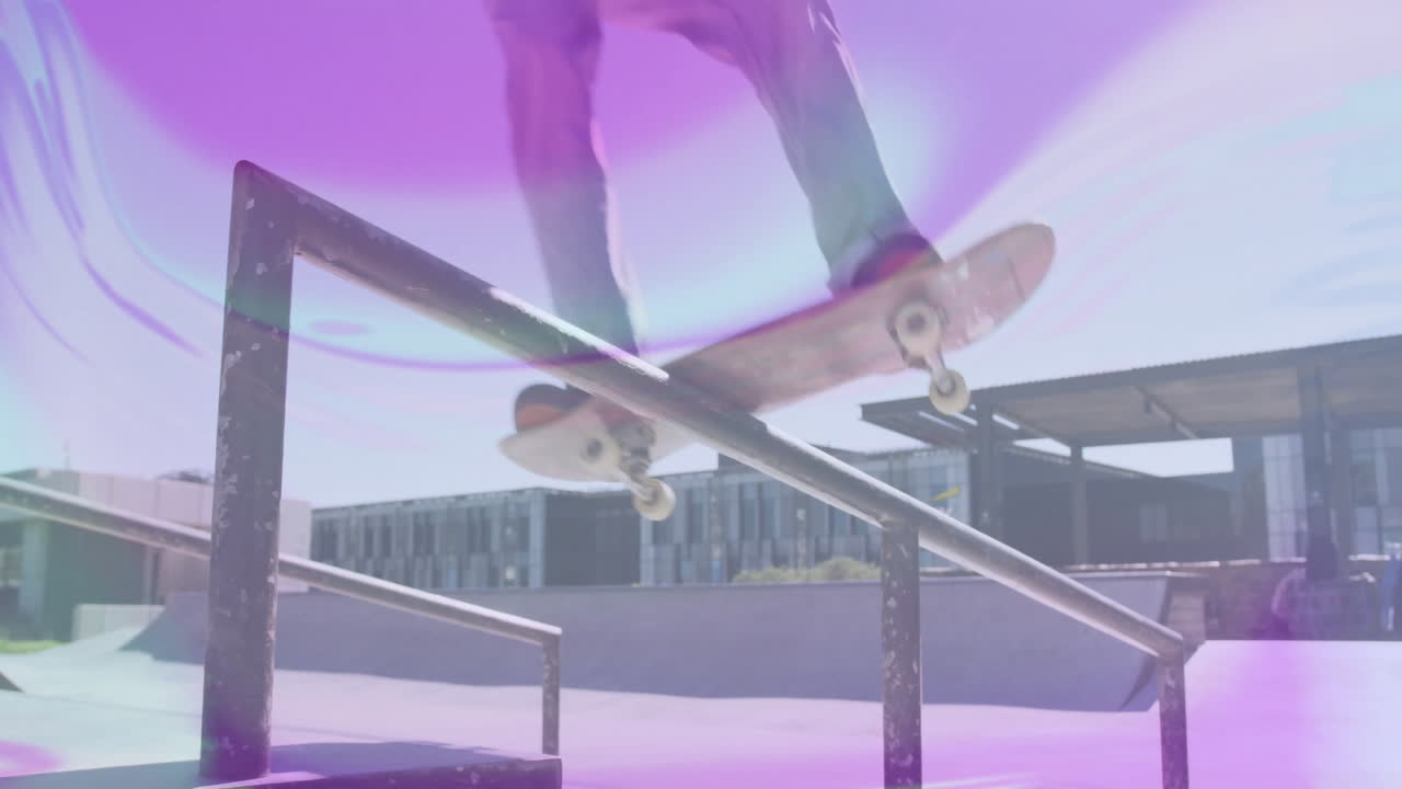 Skateboarder grinding handrail in skatepark marketing concept, with purple lens flare overlay