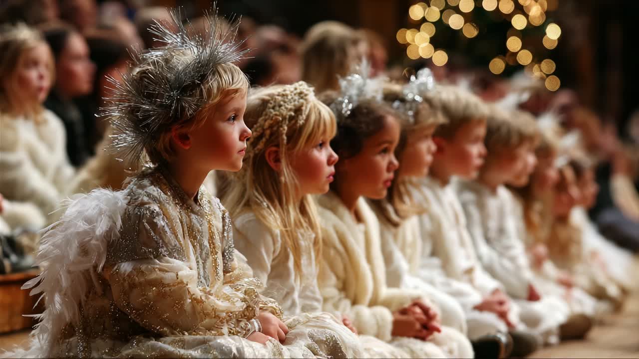A Heartwarming Scene of Young Children Dressed as Angels with Sparkling Costumes Sitting Attentively in a Festive Setting, Surrounded by Blurred Lights and a Joyous Atmosphere