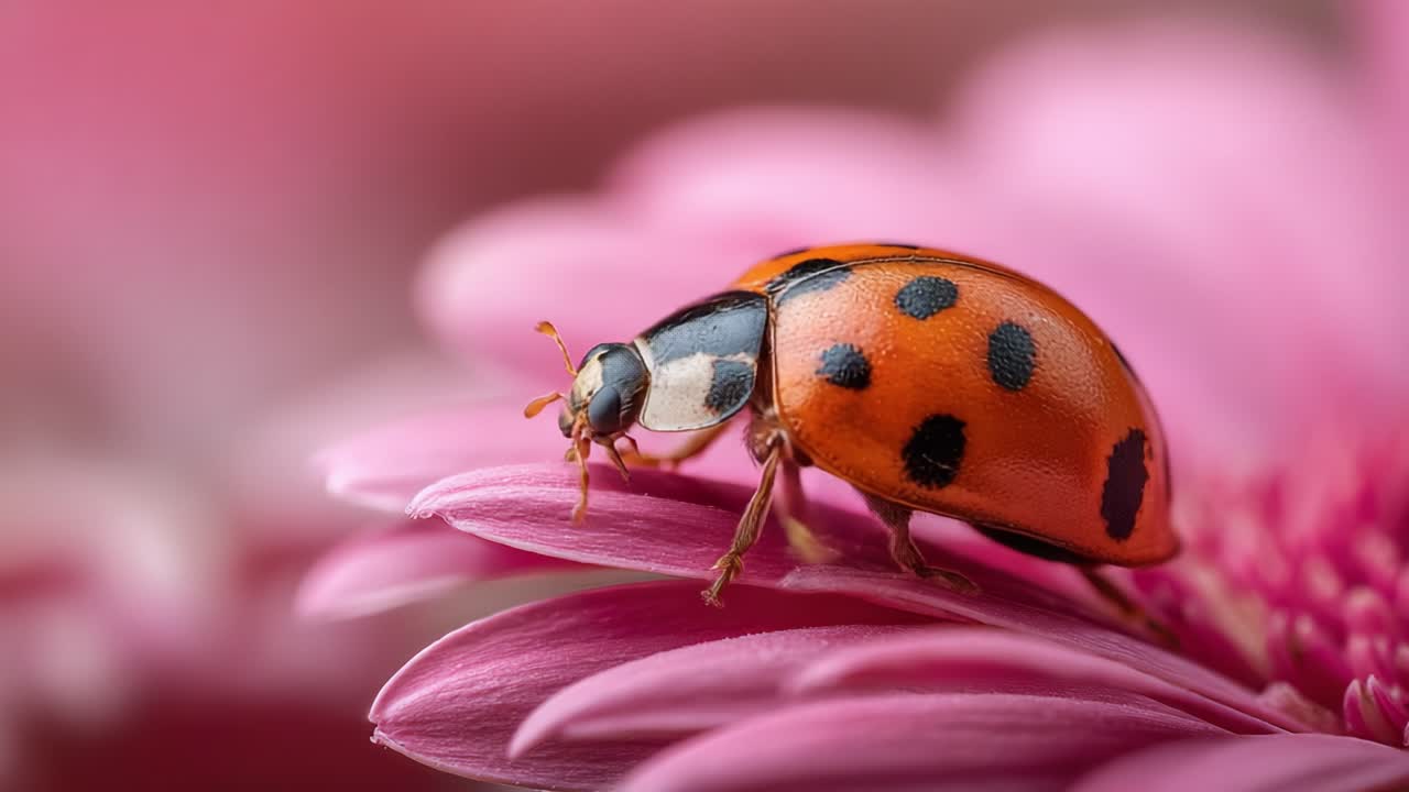 A Close-Up Encounter with a Vibrantly Colored Ladybug on a Delicate Pink Flower Petal, Showcasing Nature's Beauty in Intimate Detail