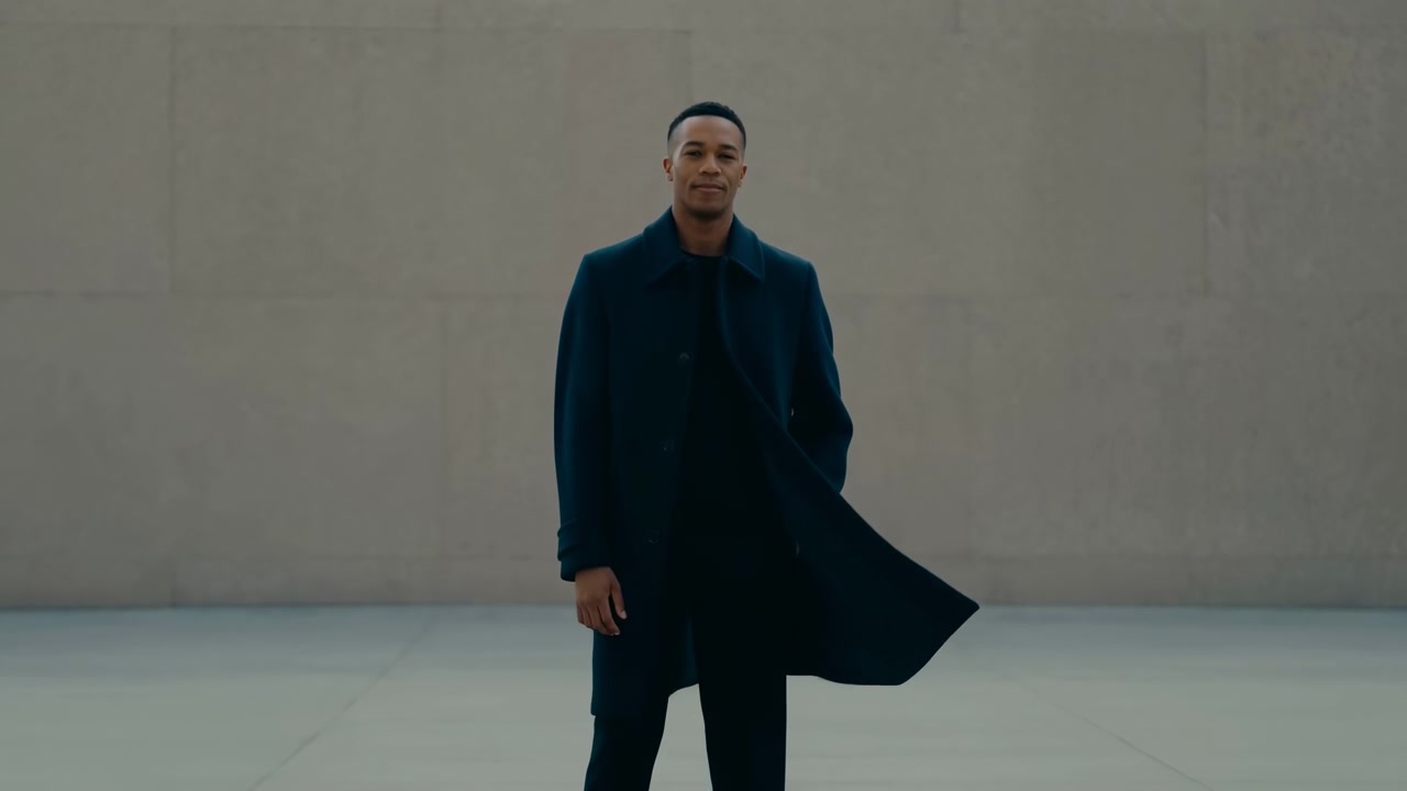 Uomo di colore in cappotto blu navy in piedi in una piazza minimalista di cemento, tavolozza neutra, toni cinematografici freddi, vento leggero.