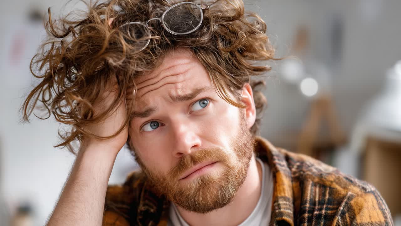A contemplative young man with tousled hair and glasses expresses concern, capturing a moment of introspection as he navigates his thoughts with a furrowed brow