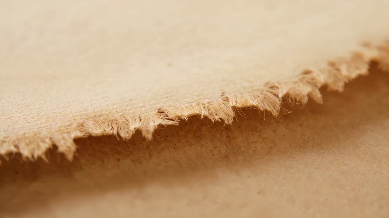 Tracking camera moving along beige sheet frayed edge on tabletop, revealing backing and pulp