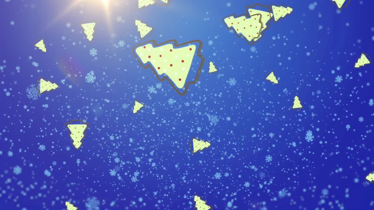 Lens flare casting glow initiating yellow tree icons and snowflakes drifting to create festive mood