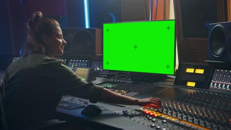 portrait of stylish female audio engineer / producer working in music record studio, uses green screen computer display, mixer board, control desk to create new song. creative artist musician