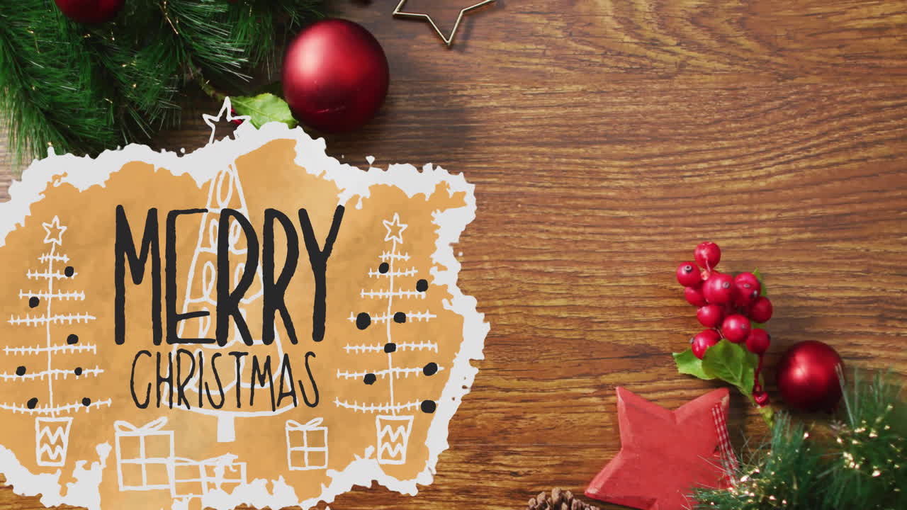 animación de texto de feliz navidad sobre decoraciones de navidad en fondo de madera.