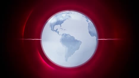 animation of globe icon and light trail over concentric circles against glowing red background