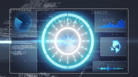 Animation-of-loading-circles,-radar,-globe-and-graph-over-computer-language-on-abstract-background