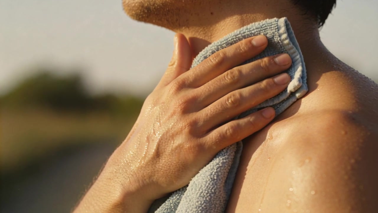Uomo a torso nudo si asciuga, sentendo il sole al parco, asciugando goccioline dal collo con un piccolo asciugamano, con spazio per il testo.