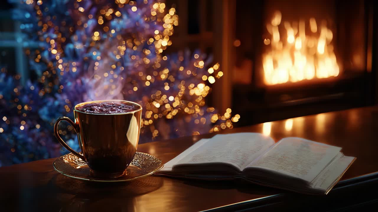 A Cozy Evening by the Fireplace with a Warm Beverage and a Book Surrounded by an Unforgettable Ambience of Twinkling Lights and Seasonal Decorations Creating a Perfect Relaxation Atmosphere