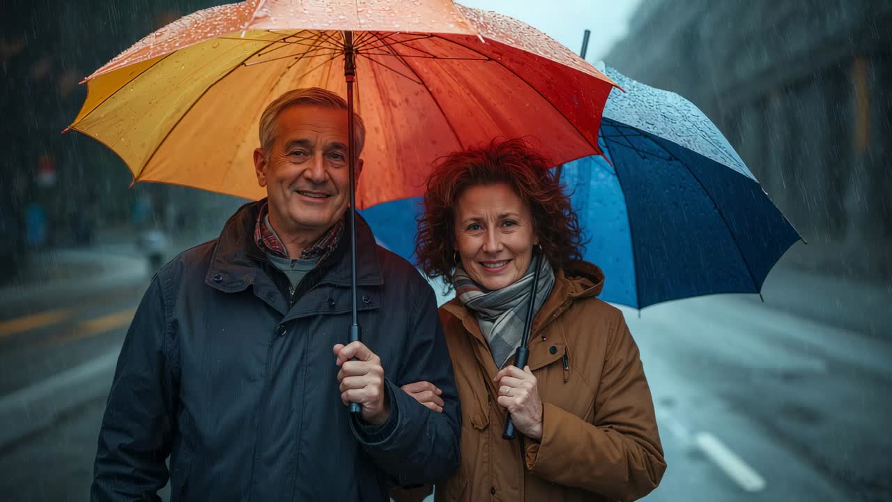 Walking senior couple in coats, shielding from falling rain, linking arms on road, with 2 umbrellas