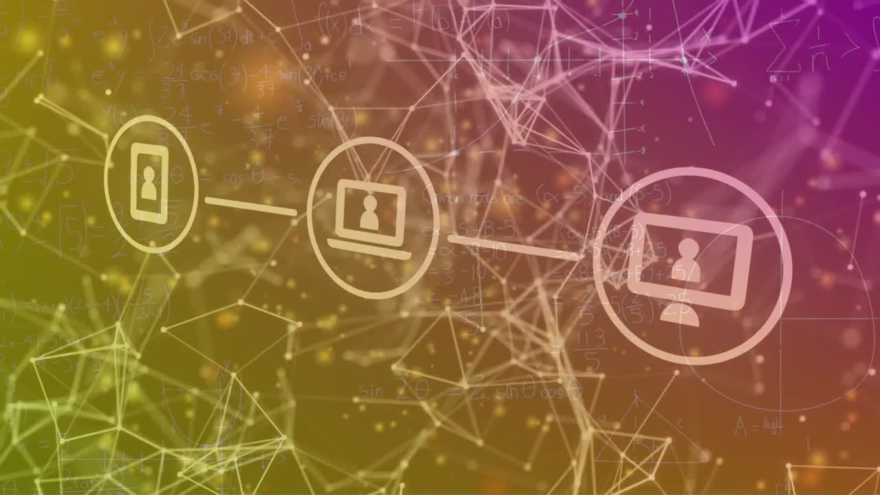 animación de iconos técnicos, conexiones y formas en fondo amarillo y rosa